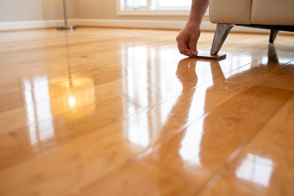 Living room hardwood floor restoration using screen and recoat Bellevue WA.