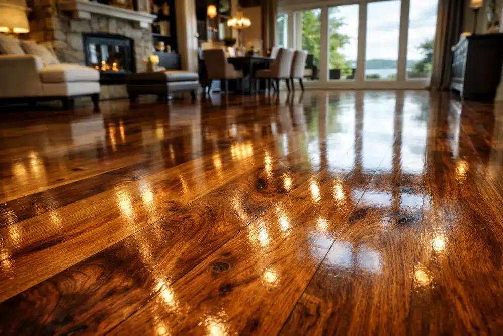 Gleaming hardwood floor after a successful Screen and Recoat Kirkland WA service.