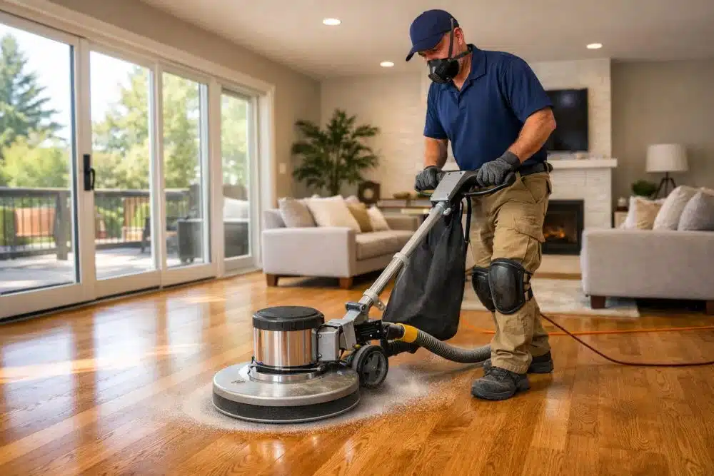Professional technician performing a Screen and Recoat Kirkland WA on an oak hardwood floor.