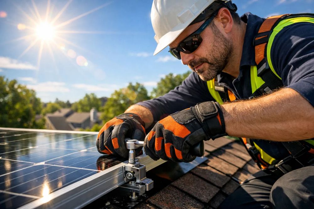Solar Installation Coral Springs: Technician installing solar panel on a roof in Coral Springs, ensuring quality and efficiency.