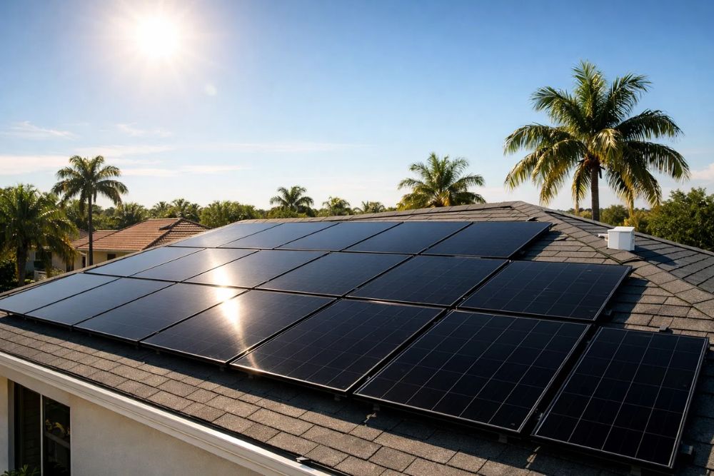 Solar Installation Coral Springs: Modern solar panels on a residential roof under a sunny sky in Coral Springs, Florida.