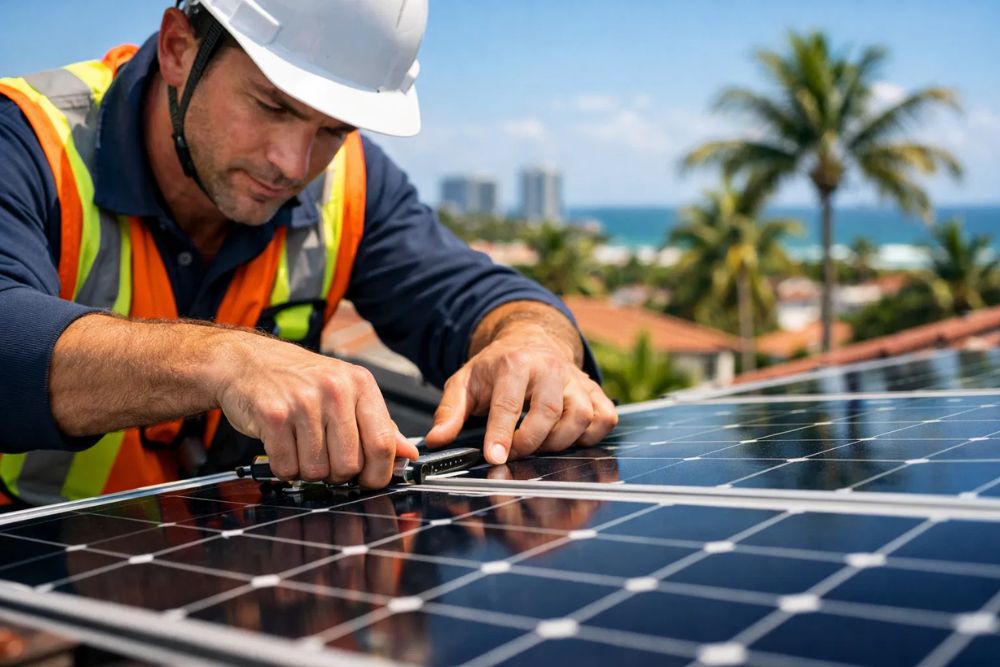 A professional technician performing a solar installation Pompano Beach on a residential rooftop.
