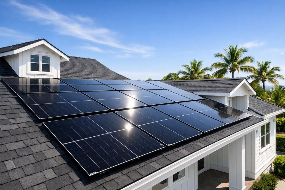 A high-quality rooftop solar installation Pompano Beach on a modern residential home under a clear blue sky.