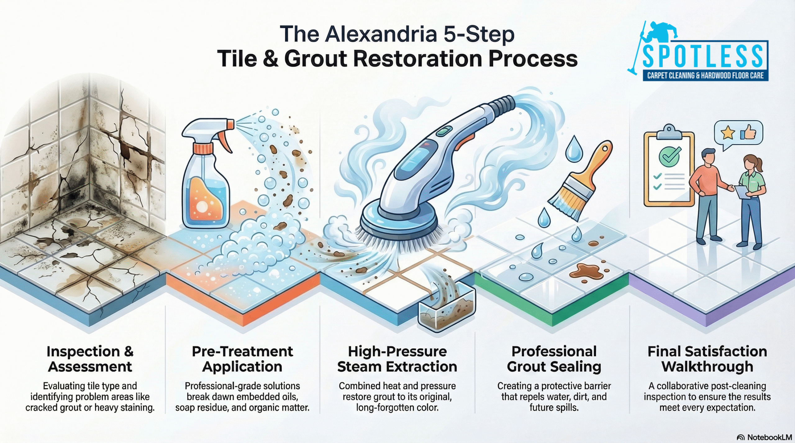 Infographic of 5-step Tile & Grout Cleaning Alexandria VA by Spotless Carpet Cleaning & Hardwood Floor Care.