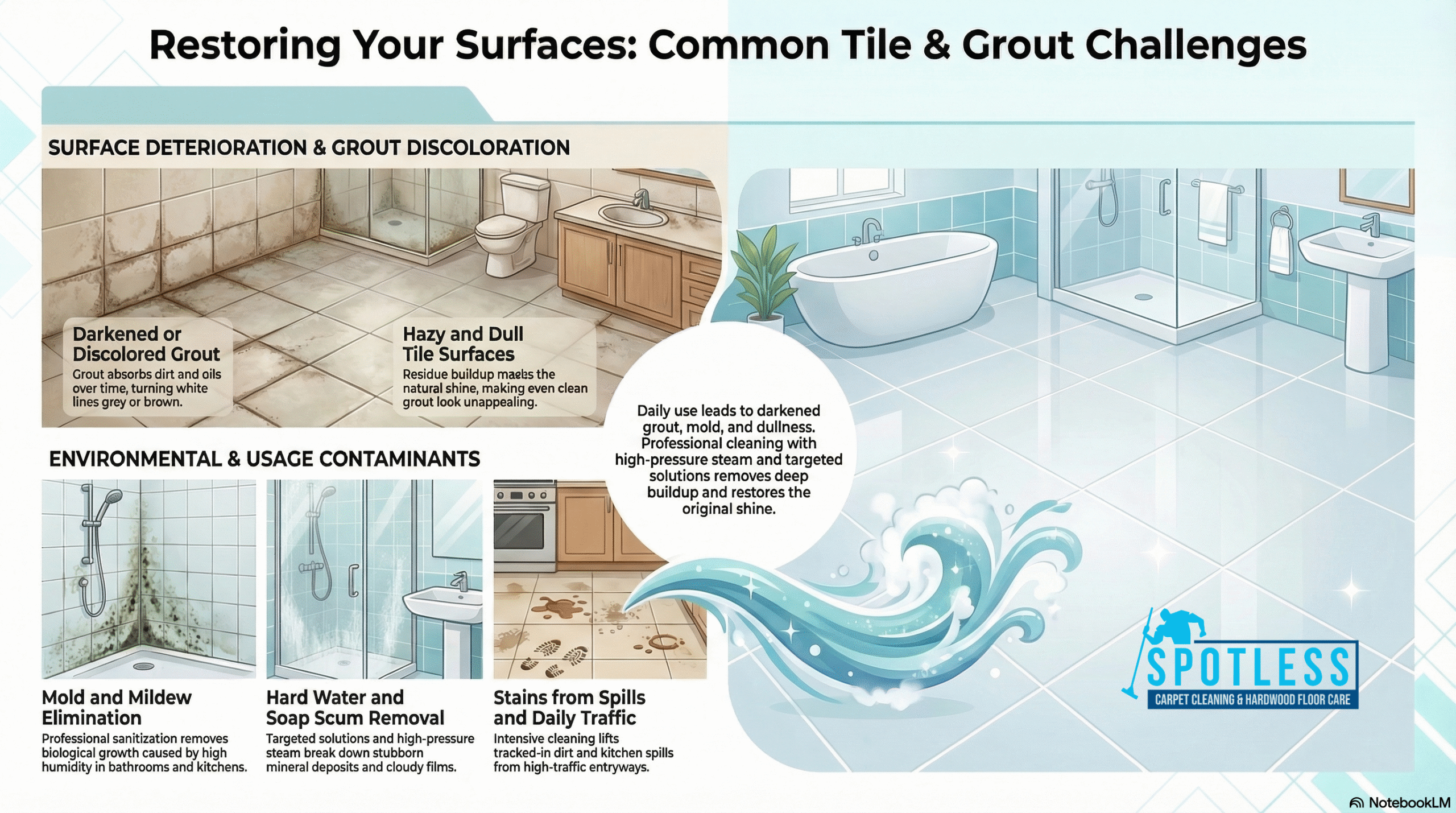 Tile & Grout Cleaning Woodbridge VA by Spotless Carpet Cleaning to remove mold, hard water stains, and grout discoloration.