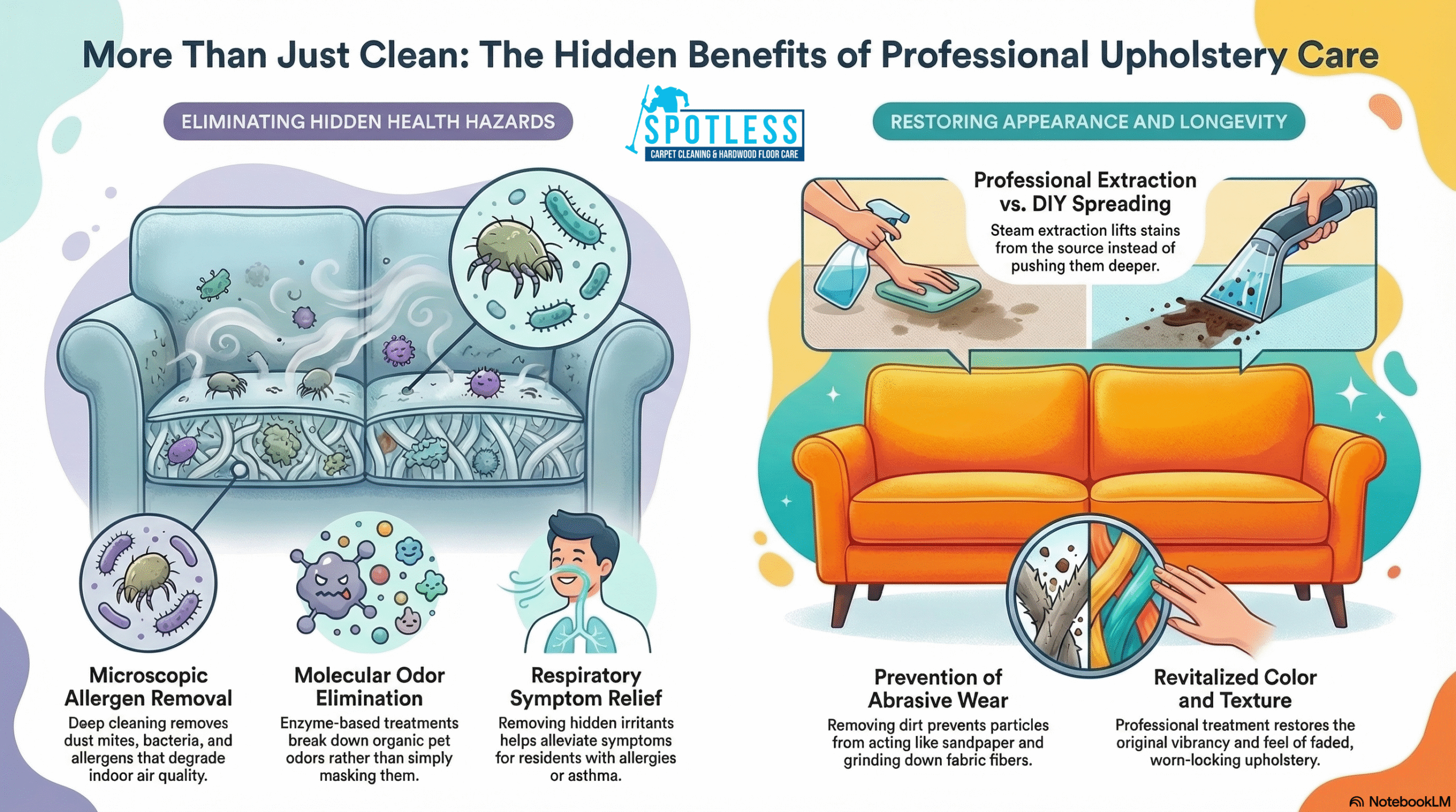 Infographic showing Upholstery Cleaning Alexandria VA benefits by Spotless Carpet Cleaning & Hardwood Floor Care.