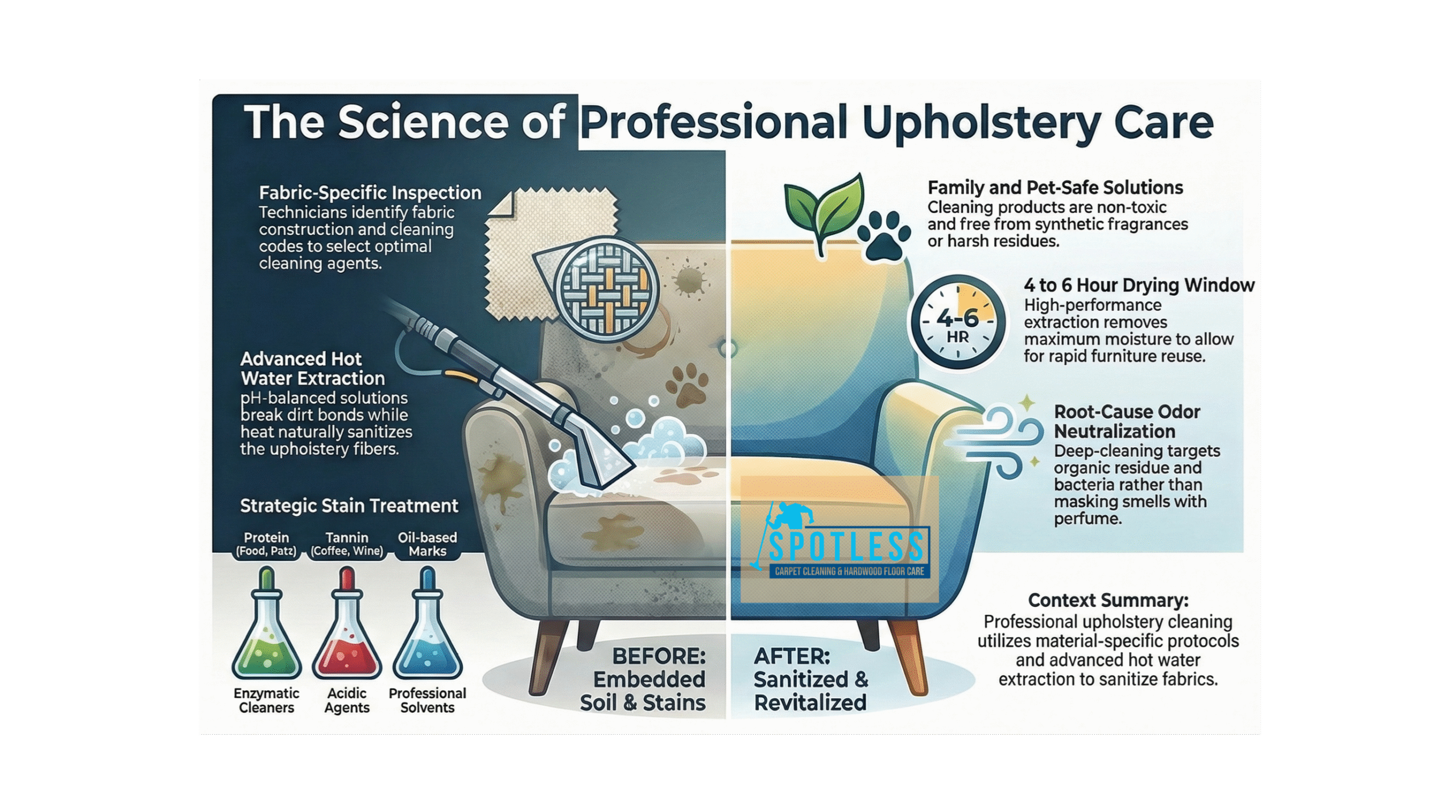Upholstery Cleaning Woodbridge VA infographic by Spotless Carpet Cleaning showing the science of professional fabric care.