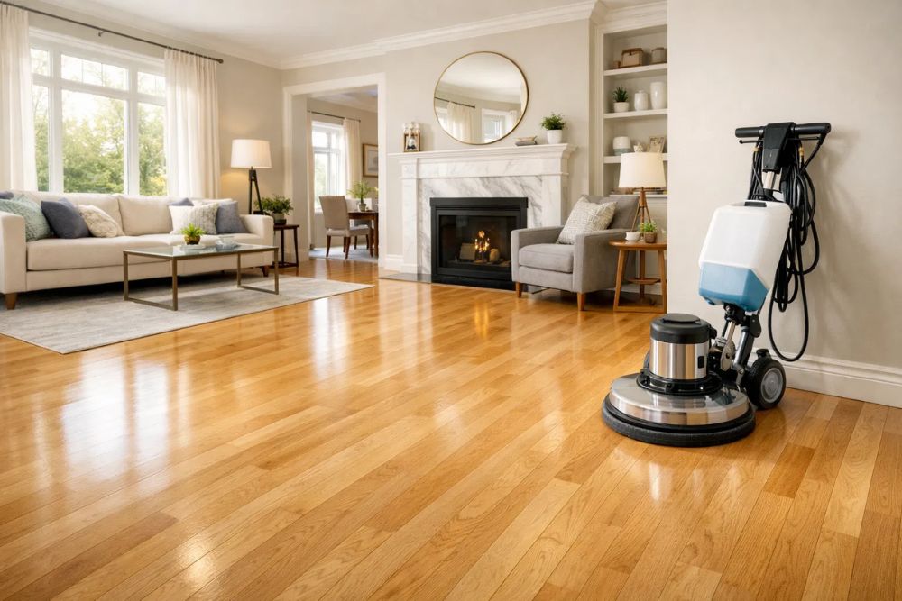 Gleaming, light-colored hardwood floors in a sunlit living room after professional wax removal in Bellevue WA.