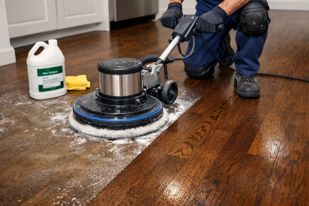 Professional hardwood floor wax removal in Bellevue WA, showing a technician using a buffer to strip old wax from a dark oak floor.