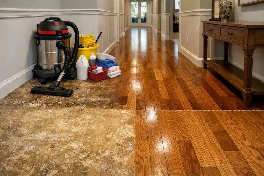 Professional hardwood floor wax removal Kirkland WA before and after comparison showing dull wax buildup vs. clean restored wood.