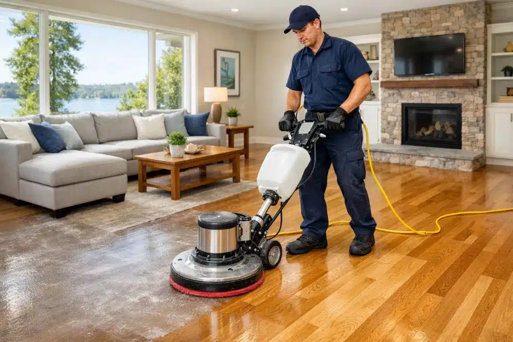 Professional technician performing hardwood floor Wax Removal Kirkland WA.