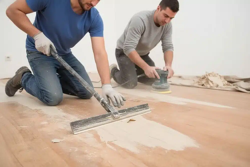 Professional floor technicians performing wax removal Redmond WA on residential hardwood floors.