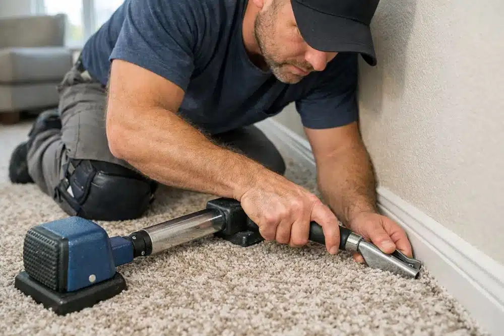Professional Alpharetta GA Carpet Installation in progress showing a contractor using specialized tools for a precise fit.