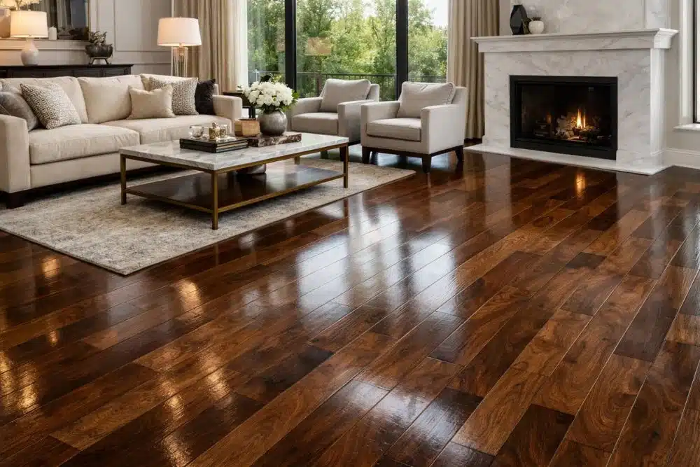 Stunning dark walnut finish after a premium Alpharetta GA Hardwood Floor Installation in an elegant living room.