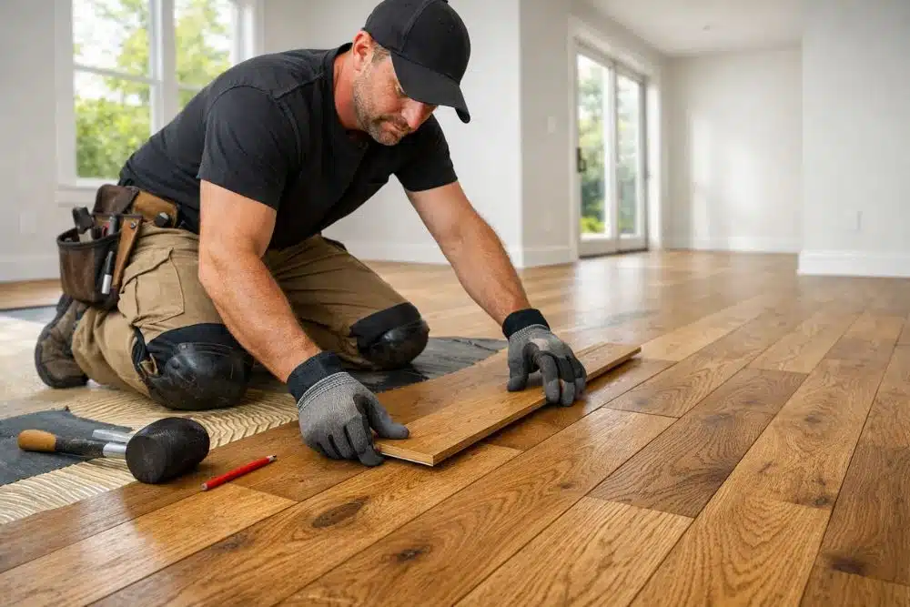 Professional Alpharetta GA Hardwood Floor Installation showing an expert contractor laying oak planks in a modern home.