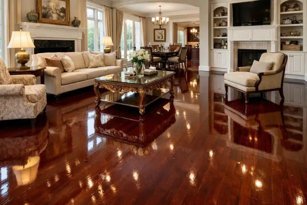 Freshly completed Alpharetta GA Hardwood Floor Refinishing in a luxury living room.