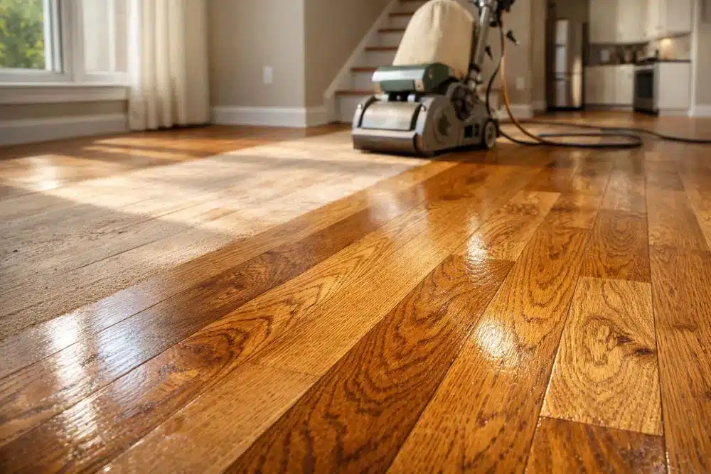 Professional Alpharetta GA Hardwood Floor Refinishing process showing oak floor sanding.