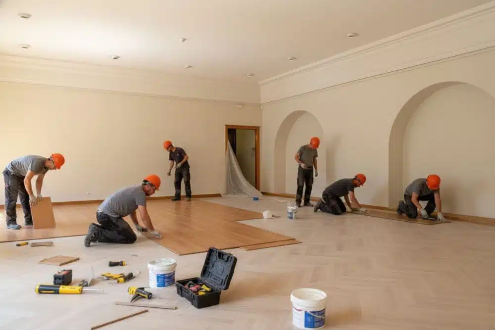 Professional team performing a Canton, GA commercial flooring installation in a large hall.