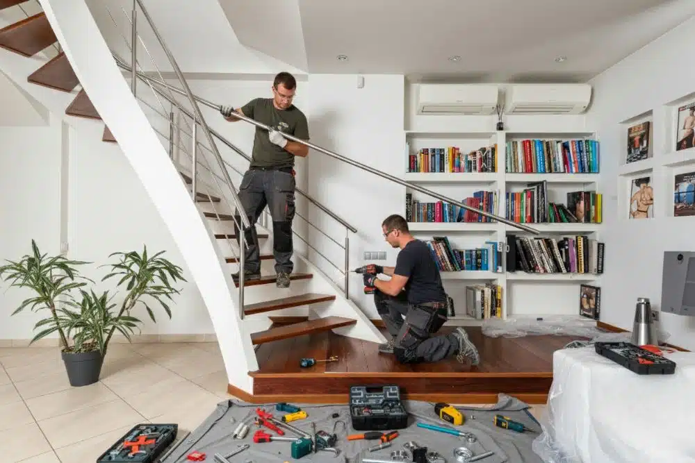 Professional contractors performing a Canton, GA staircase and handrail installation using precision tools.