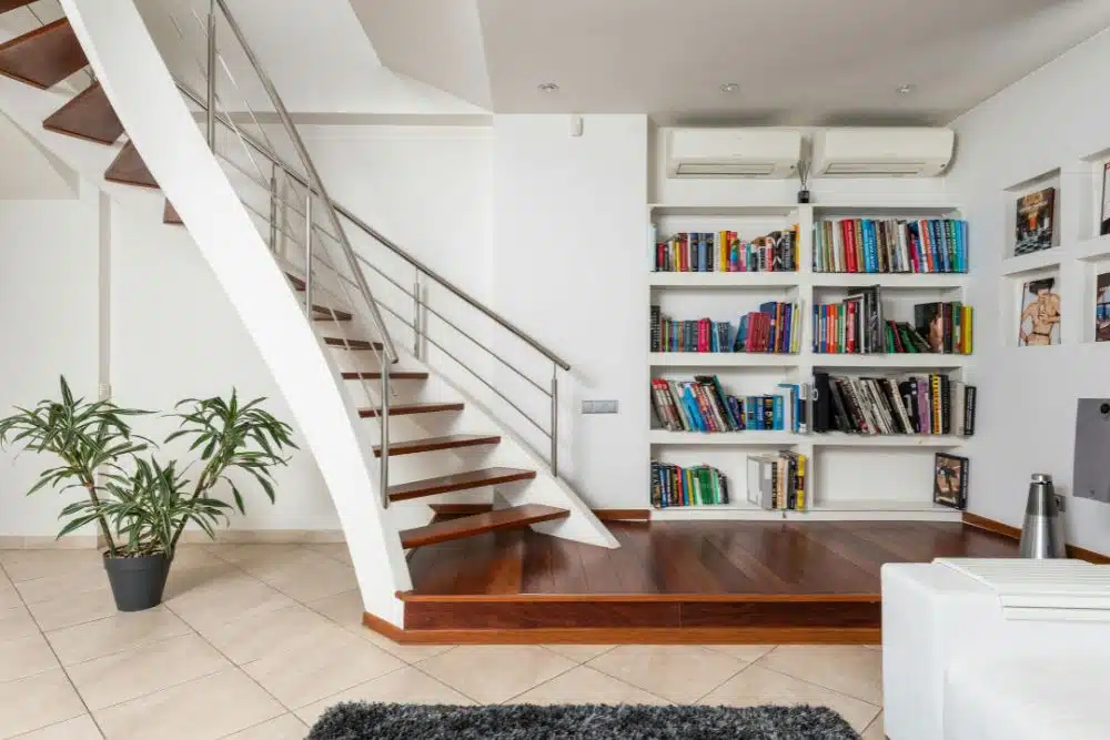 Modern wooden and metal Canton, GA staircase and handrail installation in a contemporary home.