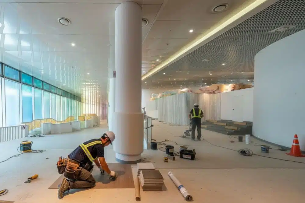 Professional contractors performing a Chamblee, GA commercial flooring installation with precision tile placement.