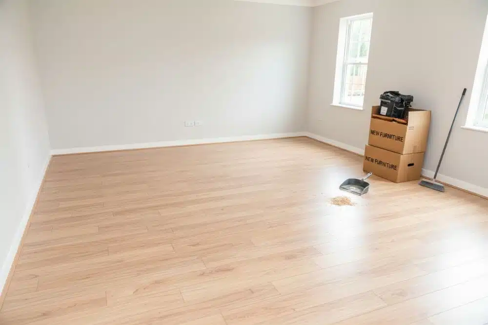 Completed Chamblee, GA hardwood floor installation in a modern, sunlit living room.