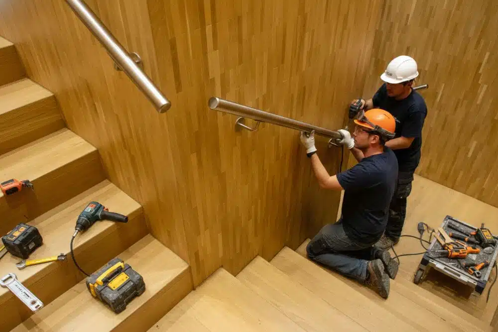 Professional Chamblee, GA Staircase and Handrail Installation featuring two contractors securing a modern metal handrail to a wood-paneled wall.