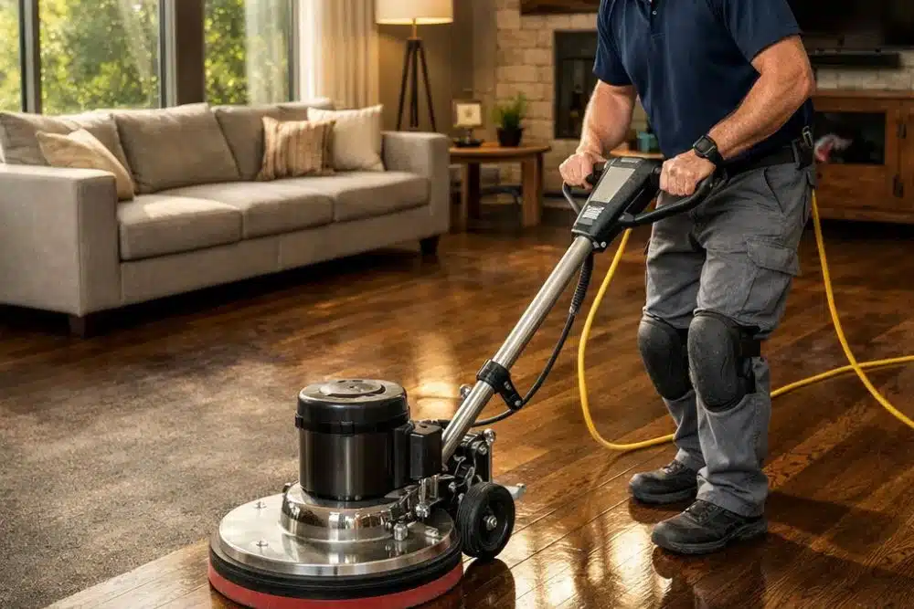 Professional hardwood floor Clean and Buff service in Issaquah WA, restoring shine to dark oak floors.