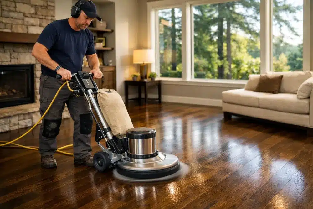Professional technician performing a hardwood floor Clean and Buff Kirkland WA in a modern residential living room.