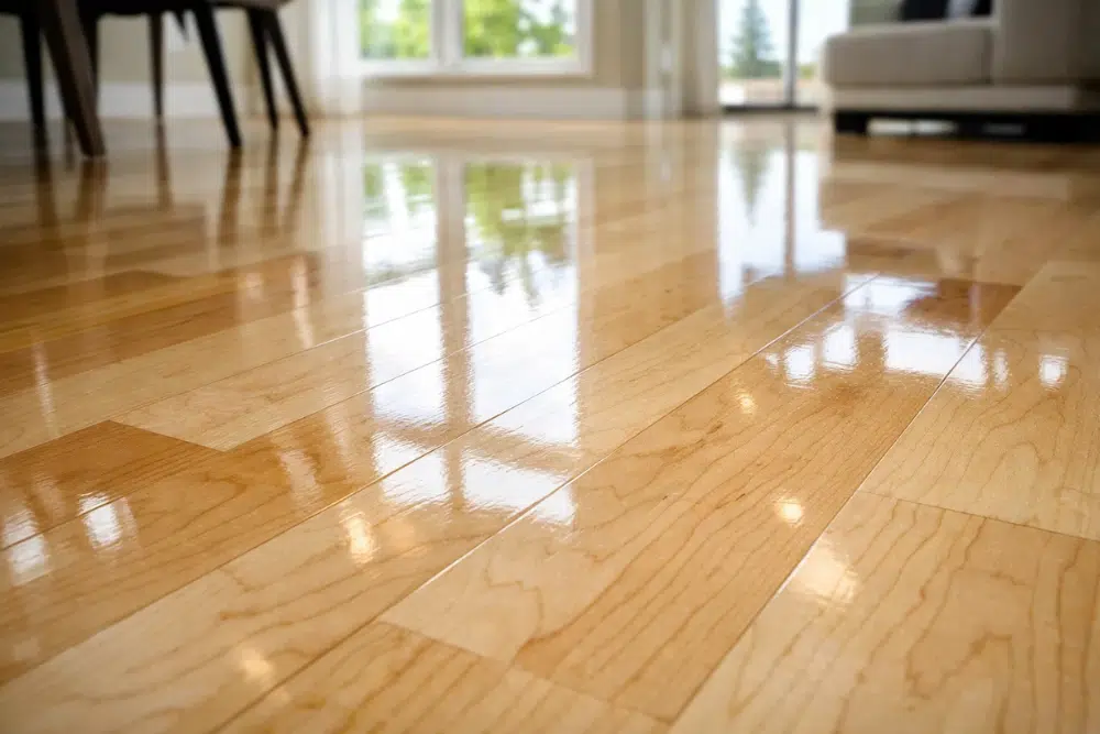Close-up of a gleaming, freshly polished light maple floor after a Clean and Buff Kirkland WA service.