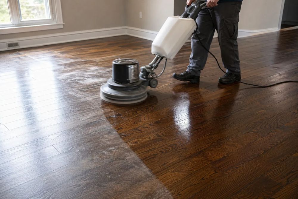 Professional technician performing hardwood floor Clean and Buff Lynnwood WA to restore wood shine.