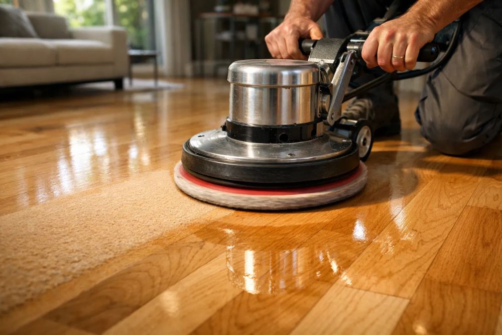 Close-up of a technician performing hardwood floor clean and buff on a light maple floor in Mercer Island.