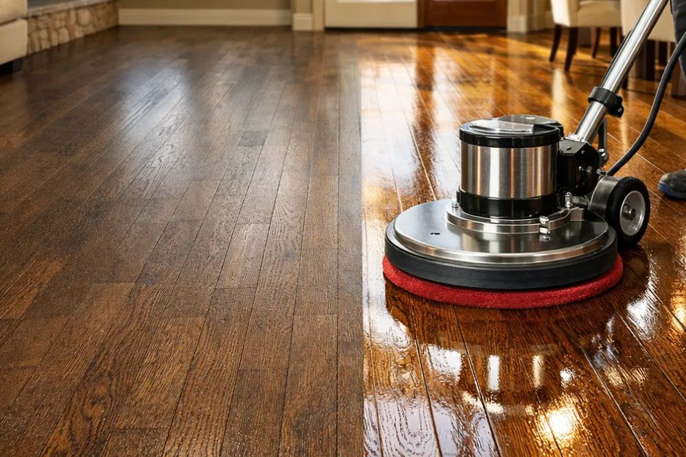 Professional hardwood floor clean and buff service in a Mercer Island home, showcasing a gleaming, polished dark oak floor.