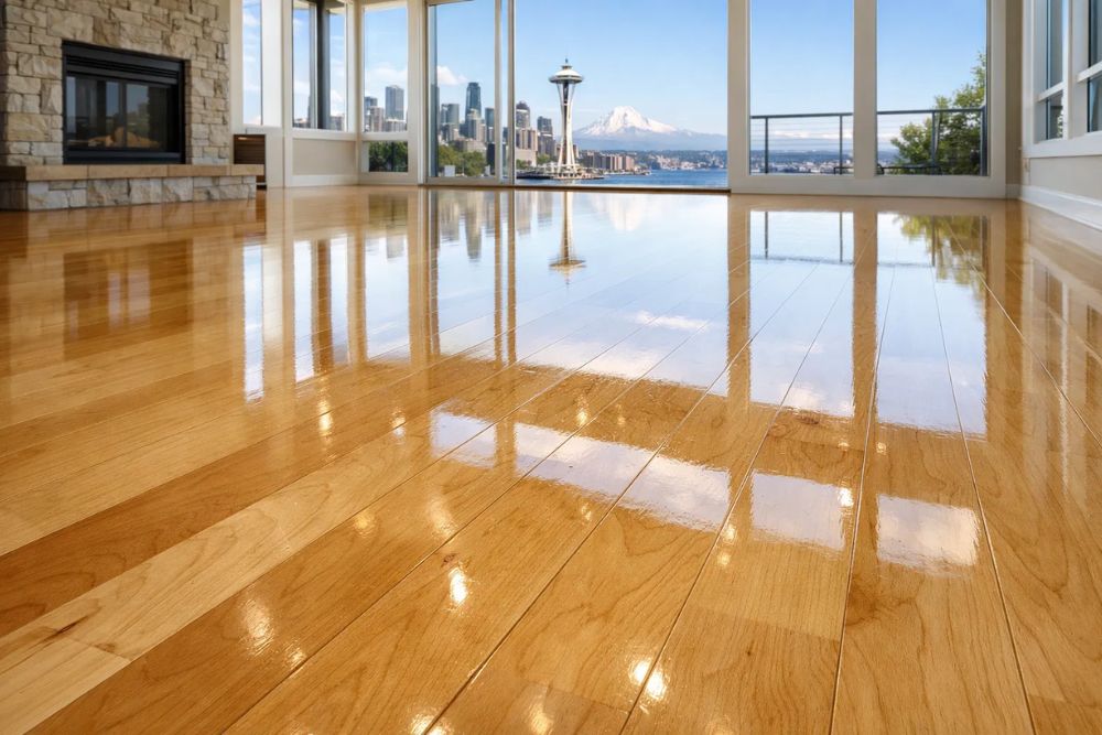 High-gloss finish on light maple hardwood floor after Clean and Buff Seattle WA service.