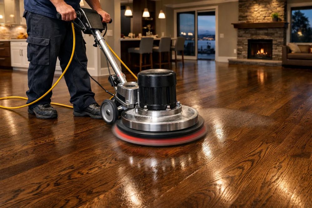 Professional technician performing hardwood floor Clean and Buff Seattle WA using industrial equipment.