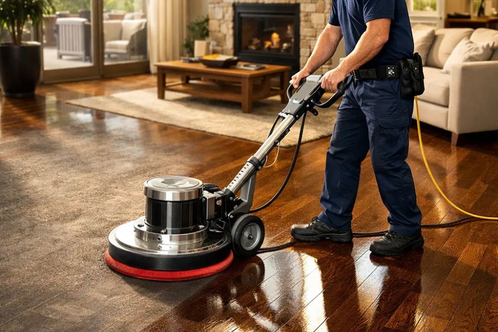 Professional technician buffing a hardwood floor in Tacoma WA, showcasing a clean and buff process.