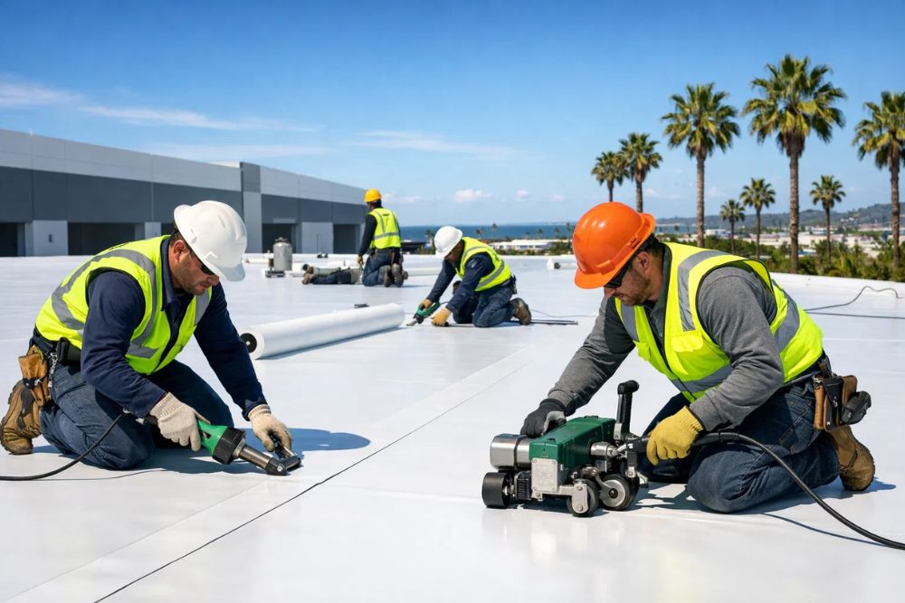 Commercial Roofing Contractor Pompano Beach crew installing white TPO membrane on a flat warehouse roof.