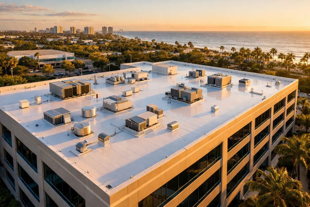 Aerial view of a large office complex with a new white reflective roof installed by a Commercial Roofing Contractor Pompano Beach.