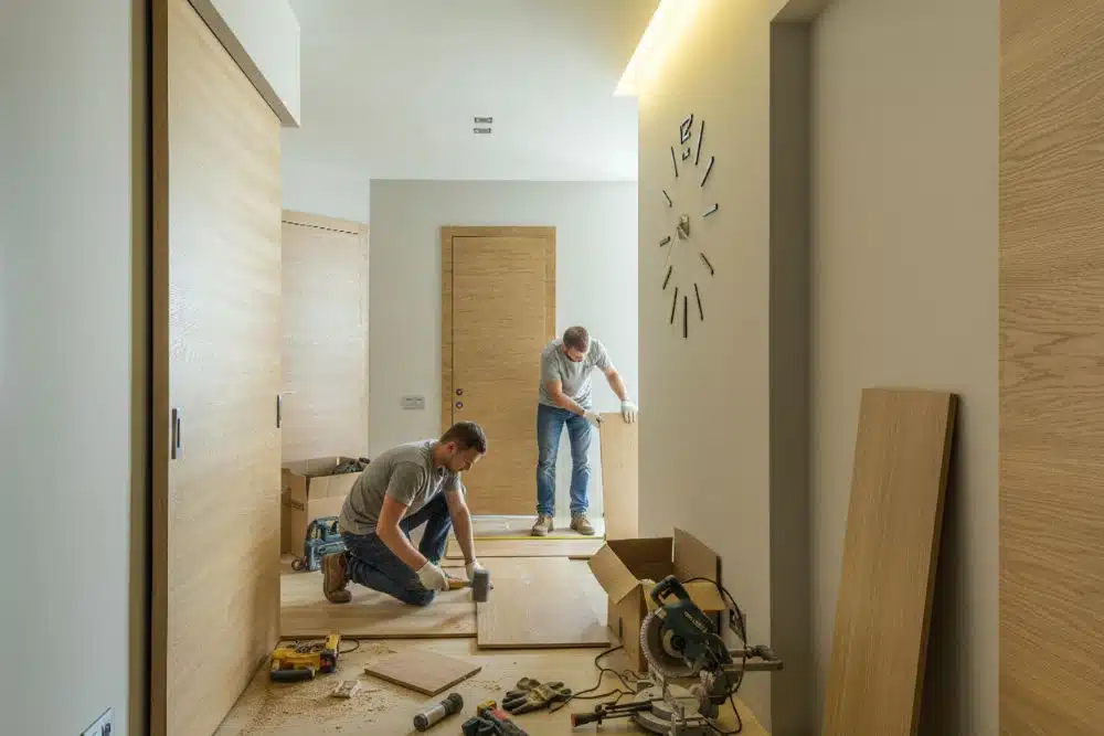Professional crew performing a Decatur, GA hardwood floor installation in a modern hallway.