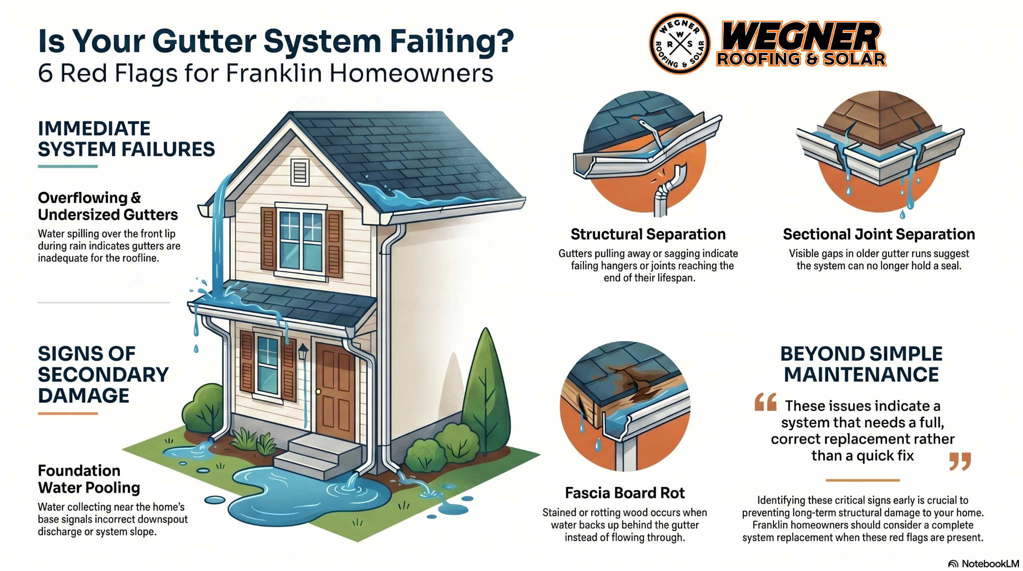 Infographic on gutter installation Franklin TN by Wegner Roofing & Solar showing 6 red flags like leaks and foundation pooling.