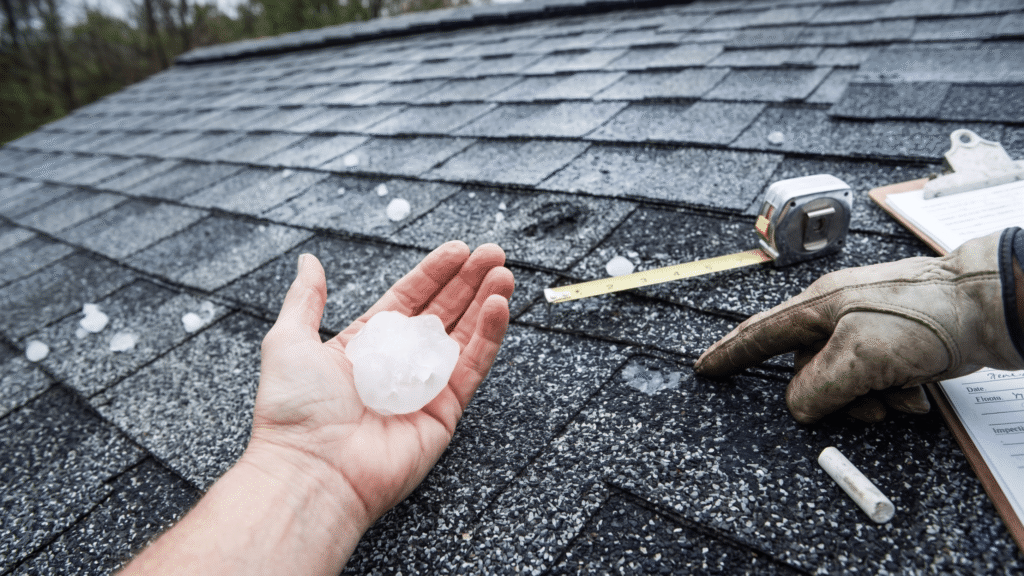 Expert Hail Damage Roof Repair Nashville TN by Wegner Roofing & Solar, showing an inspector measuring large hail on shingles.