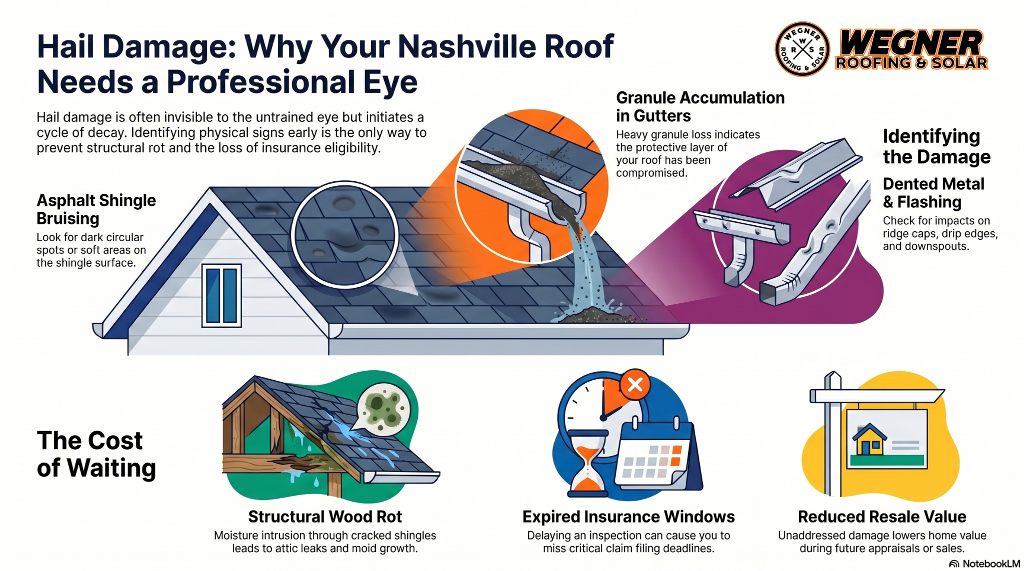 Hail Damage Roof Repair Nashville TN infographic by Wegner Roofing & Solar showing shingle bruising and gutter granule loss.