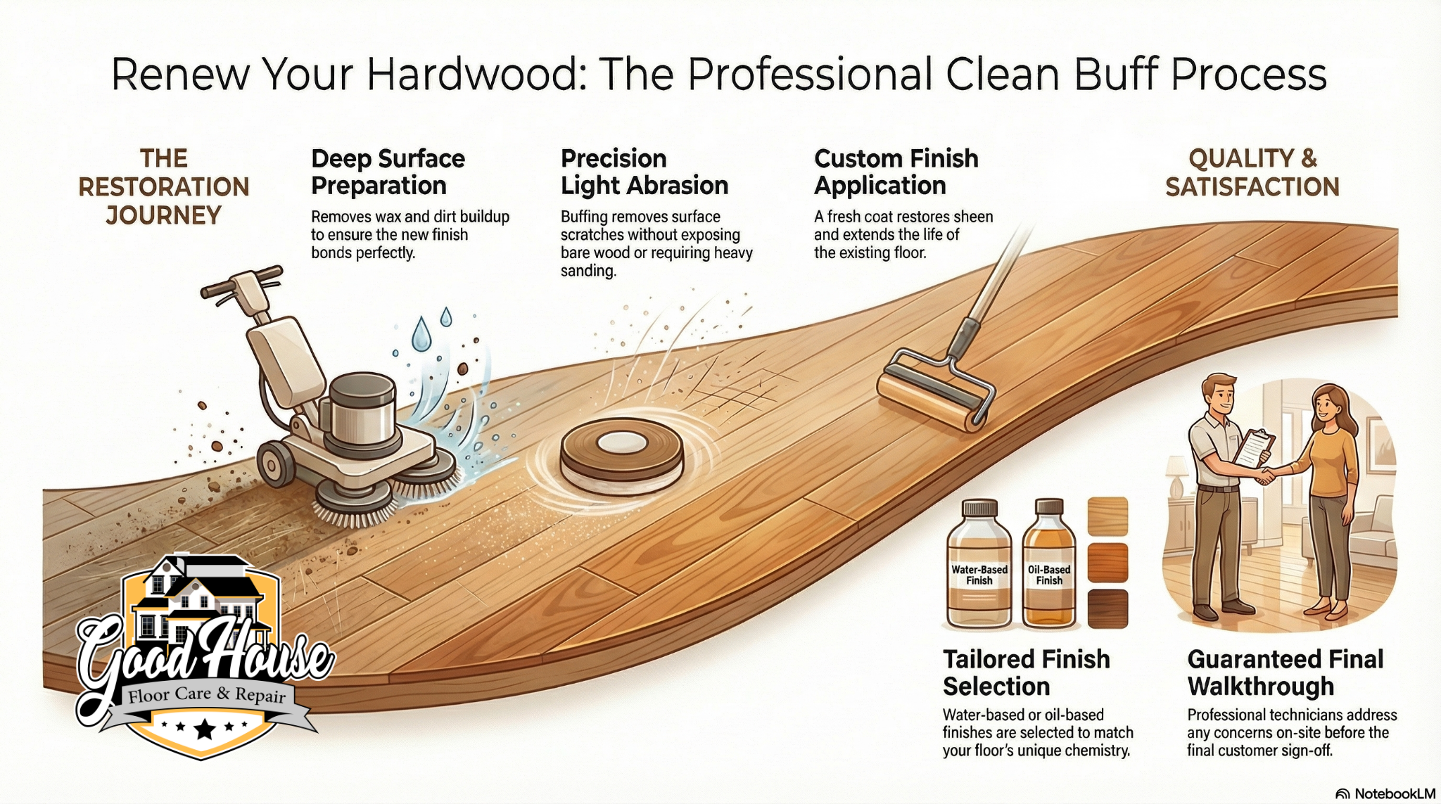 Good House Floor Care infographic showing the professional Hardwood Clean Buff Monroe NC process for floor restoration.