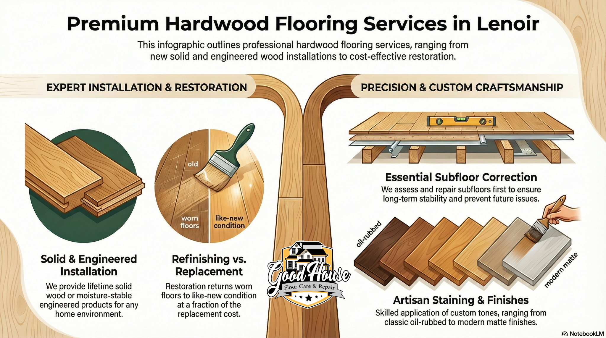 Hardwood Floor Installation Lenoir NC infographic by Good House Floor Care detailing wood types, refinishing, and staining.