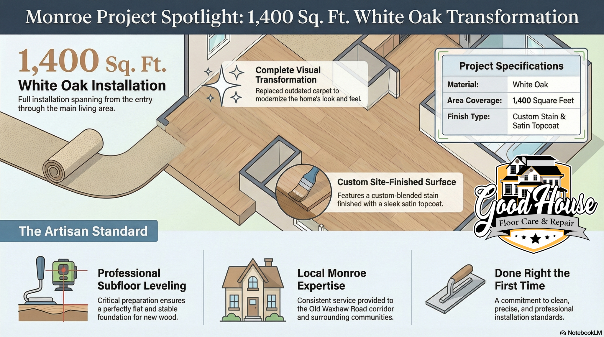 Infographic about a 1,400 sq. ft. White Oak hardwood floor installation in Monroe, NC by Good House Floor Care.