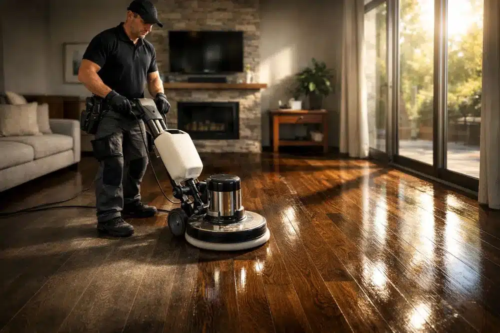 Professional technician performing Hardwood Floor Polishing & Maintenance Issaquah WA on a dark oak floor.