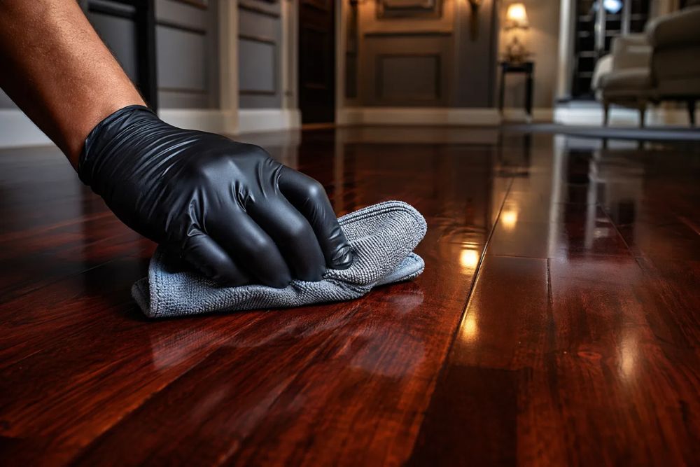 Close-up of hardwood floor maintenance with conditioner in Lynnwood WA.