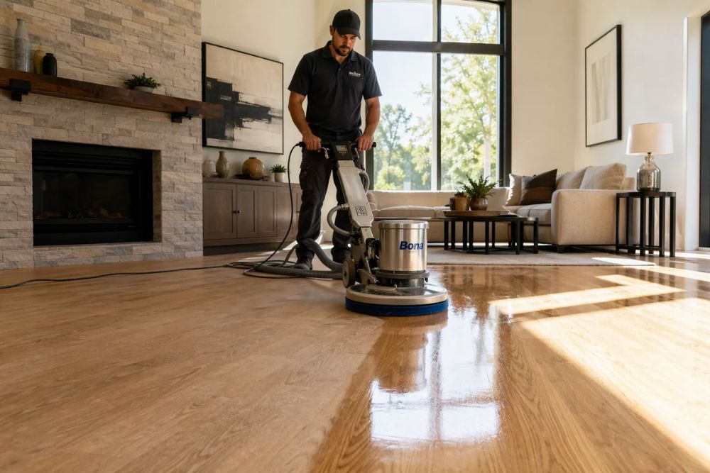 Professional performing hardwood floor polishing and maintenance in Lynnwood WA.