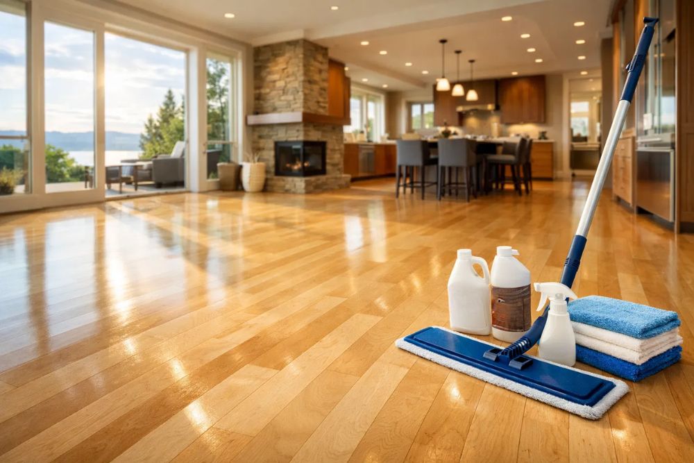 Bright, clean maple hardwood floors in a Seattle home after professional maintenance, with cleaning supplies.