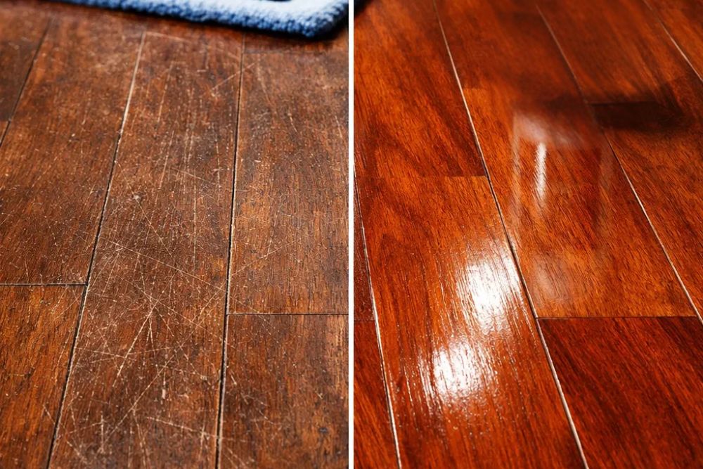 Split-screen comparison showing the dramatic results of Hardwood Floor Polishing & Maintenance Tacoma WA on worn mahogany wood.